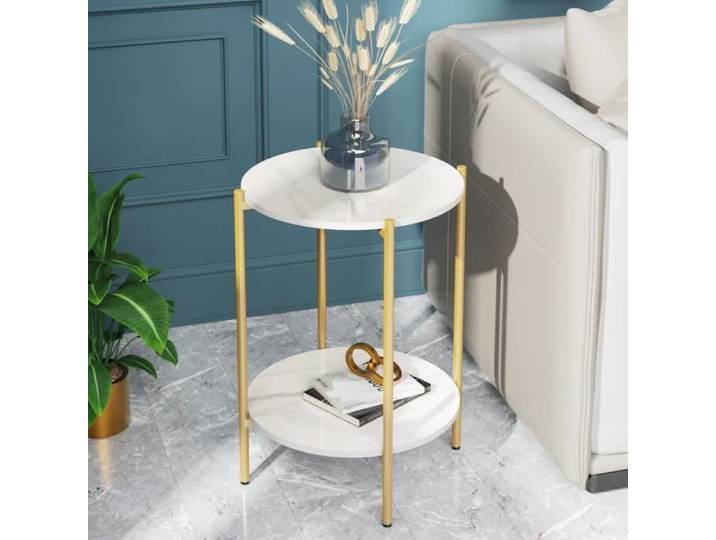 Table Basse - UNHO - Marbre Blanc - Fer Doré - 55x36.5cm - Scandinave Moderne