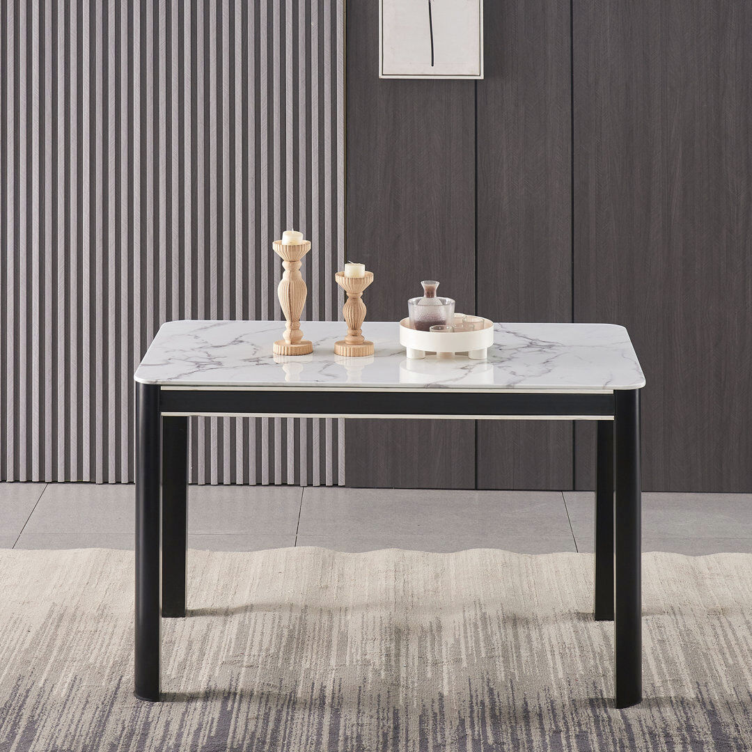 Metro Brajon Rectangular Glass Top and Iron Top Dining Table with Iron Base White