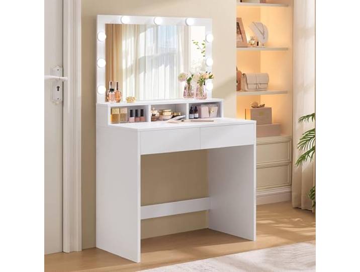 VASAGLE Schminktisch mit Beleuchtung, Spiegel mit LED, 2 Schubladen