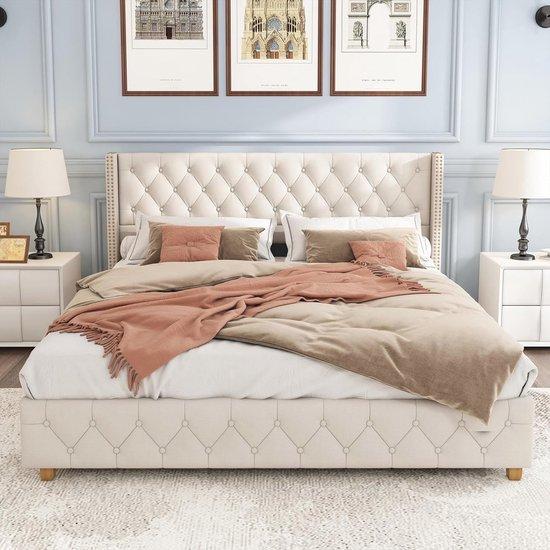 Doppelbett 140 x 190 cm - Minimalistisches Design mit gepolstertem Kopfteil und Lattenrost - Beige - Für Kinder, Jugendliche und Erwachsene