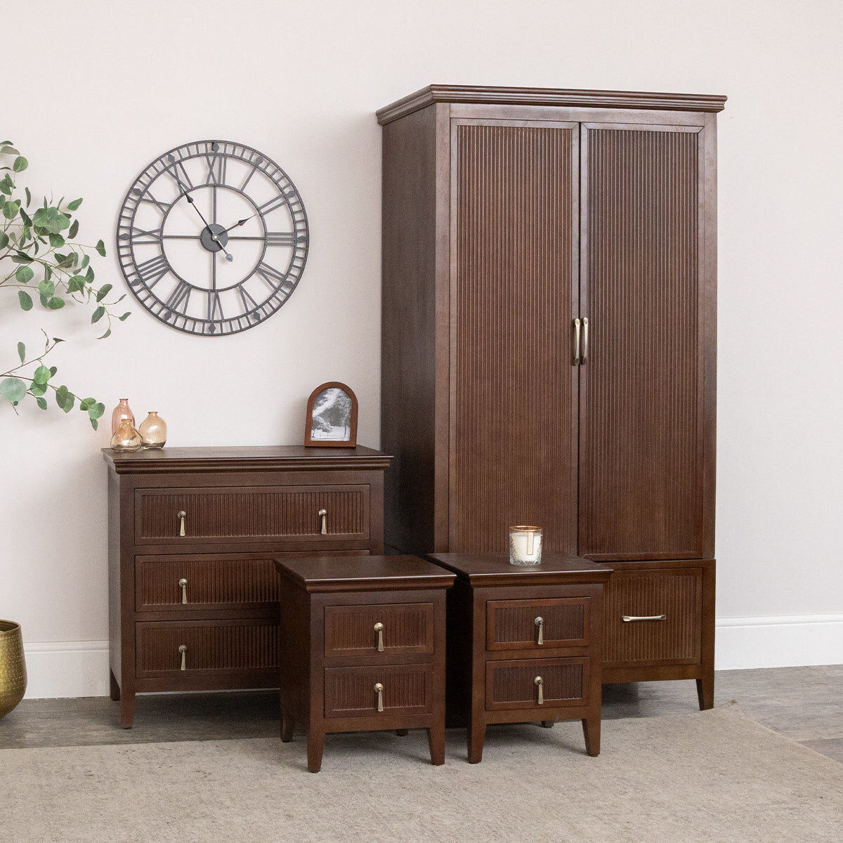 Dark Wood Reeded Wardrobe, 3 Drawer Chest of Drawers & Pair of 2 Drawer Bedside Tables - Georgian Range Wood, Metal