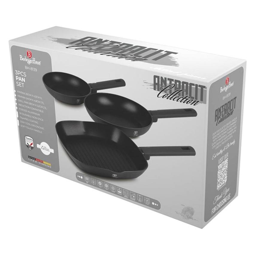 BerlingerHaus Haus 3-teiliges Bratpfannen Set Ø 20/24cm + 28 cm Grillpfanne matt Anthracite Collection (110073)