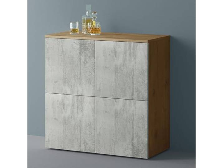 Mai & Mai Sideboard 76cm Kommode 4 Türen Soft-Close grifflos Stauraum Sideboard Wohnzimmer, 4 Stauräume, verstellbare Füße, Flurschrank, Kerneiche + Beton, BxTxH:76x36,4x74cm, Schrank04