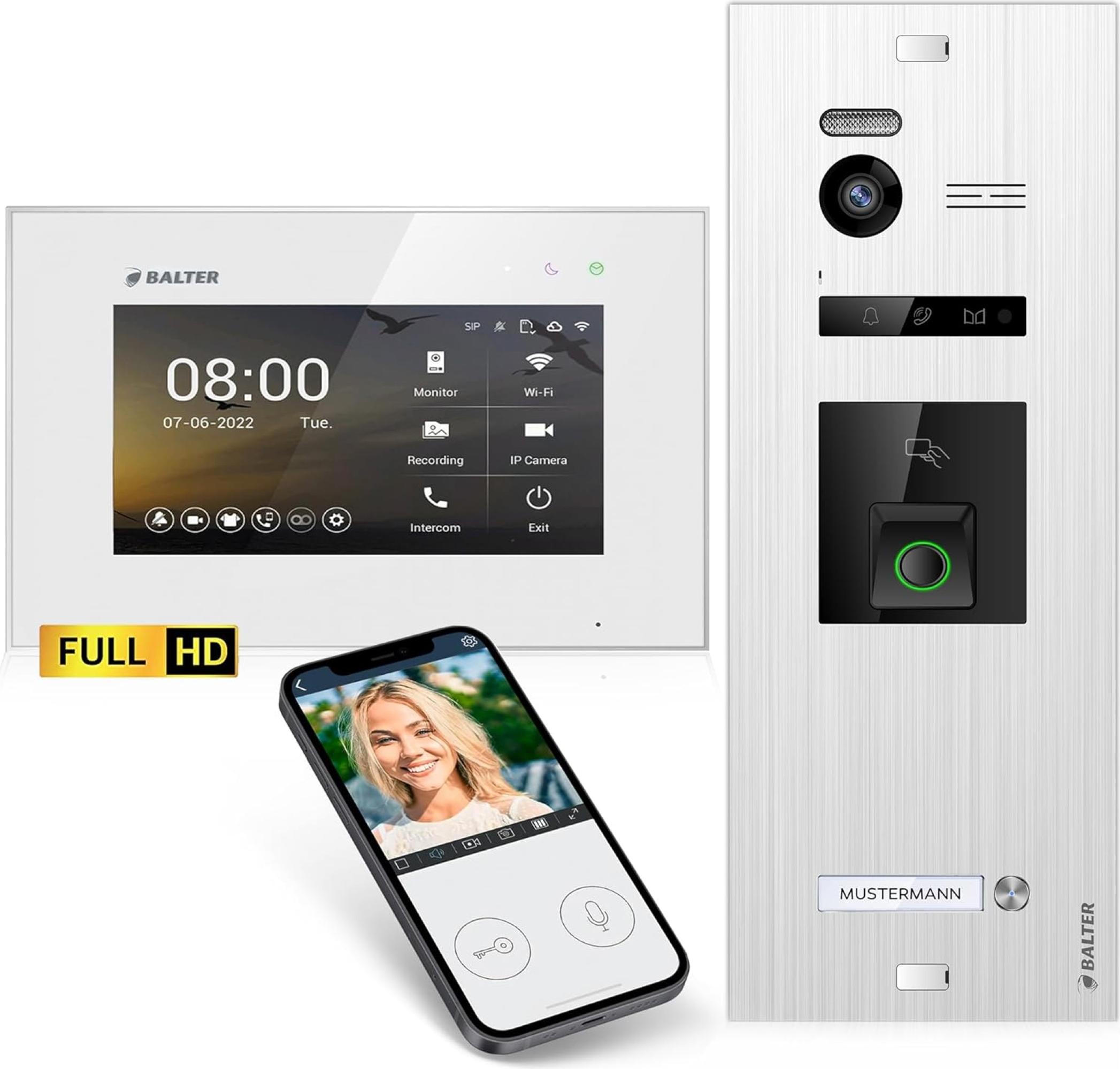 Balter EVO HD Fingerprint HD Video Türsprechanlage mit Fingerprint RFID und Smartphone App für 1 Familienhaus, 1x Monitor