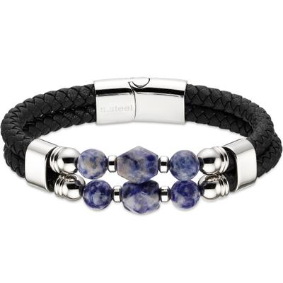 Lederarmband FIRETTI "Edelstahl-Lederamband mit Achat oder Sodalith (Farbabweichung möglich)", blau (edelstahlfarben, schwarz, blau, blau), Armbänder, Damen, 21cm, Edelstahl Leder, Edelstahl, Leder, Lederarmband, mit Achat oder Sodalith