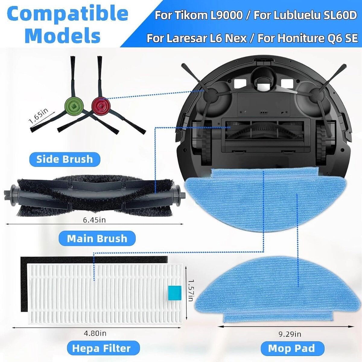INF Kit de remplacement aspirateur robot compatible avec Lubluelu SL60D, Tikom L9000, Honor Q6 SE, Laresar L6 Nex – brosses,
