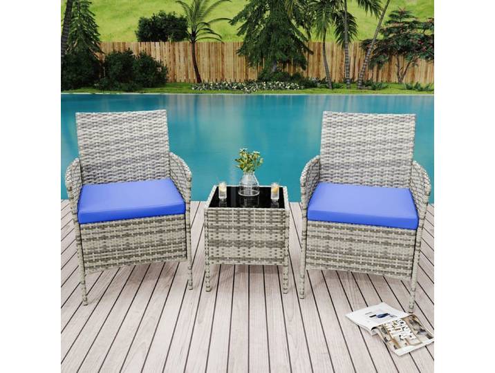 Ensemble salon bistro 3 pièces rotin PE mobilier compact extérieur table basse 2 fauteuils pour balcon terrasse bleu