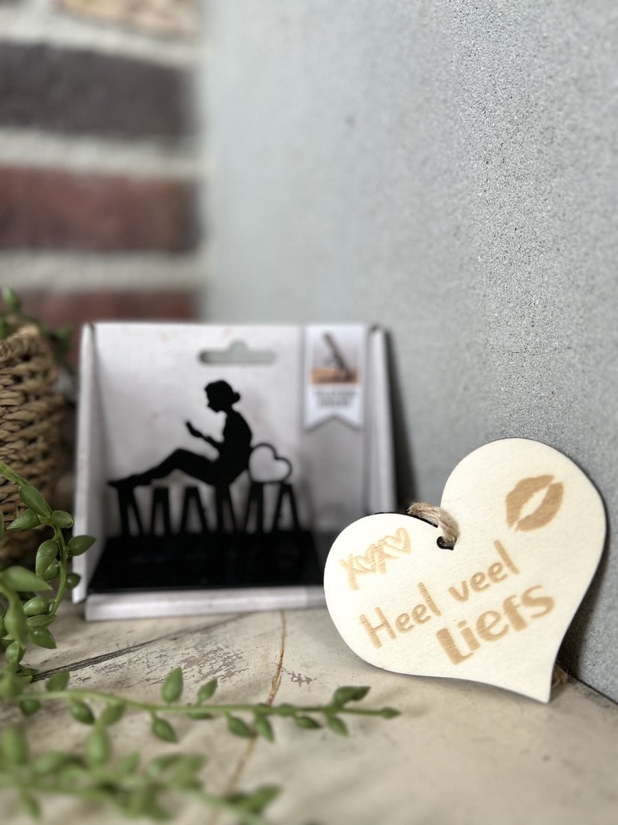 Creaties van Hier Telefoonhouder met houten hartje Mama - Metaal