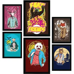 POSTER Set Mit 6 Tiermaskottchen In Rustikale Zitate A3 & A4 Rahmen Aus Hellem Holz