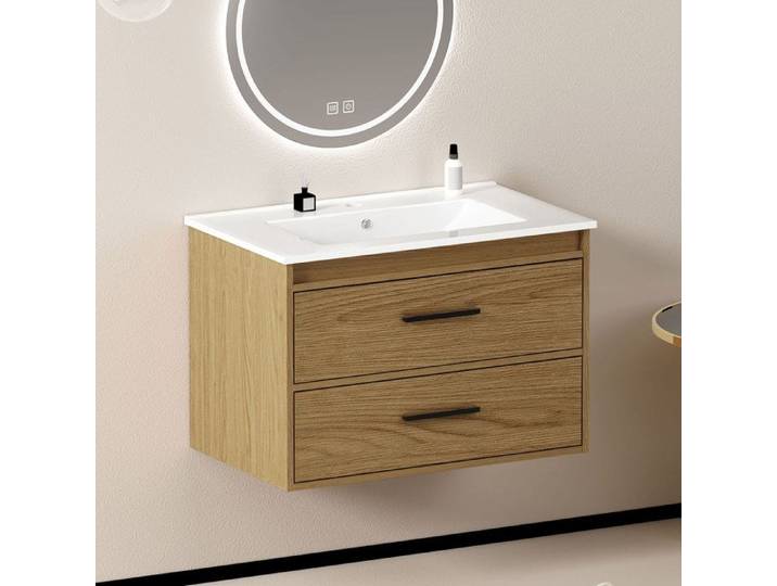 WOVREO Meuble sous vasque suspendu 76 cm chêne clair 2 tiroirs vasque en céramique