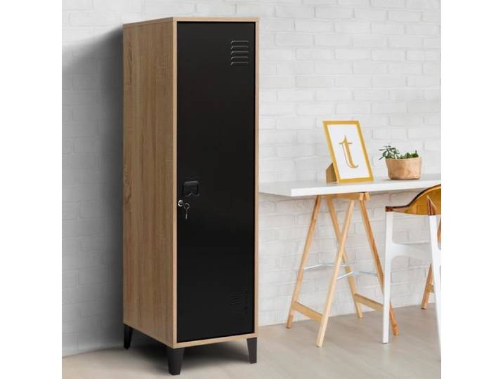 IDMARKET Armoire vestiaire ESTER 1 porte métal noir et contour bois design industriel