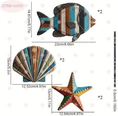 Inspire Select Coastal Wooden Ocean Wall Decor Set Colorful Fish, Shell & Starfish Farmhouse Hanging Art 2 Sets