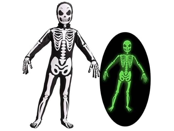 Spooktacular Creations Halloween skeletkostuum voor jongens, Halloween skeletkostuum voor kinderen, bottenoutfit, bottenjumpsuit, Large(10-12 yrs)