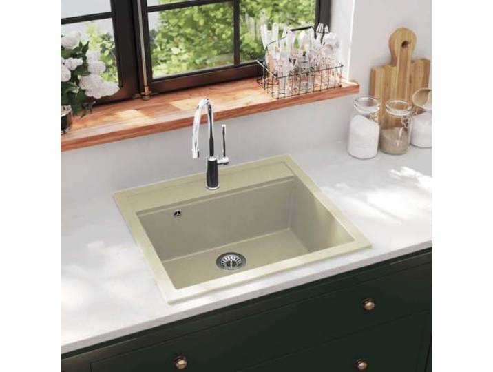Xolmizyn Einbauspüle Beige, Küchenspüle Quarz, 565x510mm Einzelbecken Hitzebeständig bis 280 C, Kratzfest, Inklusive Siebkörbchen