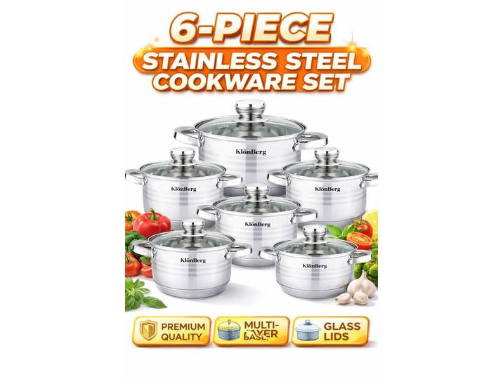 Ensemble de casseroles Klönberg Ensemble de 12 ustensiles de cuisine à induction Acier inoxydable Couvercles en verre trempé Poignées confortables Différentes tailles Résistant