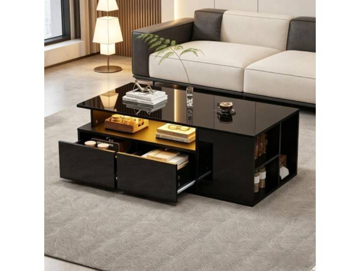 Table basse LED noire 100x50x35cm 2 tiroirs rangements finition brillante éclairage pour salon Noir noir TABLE BASSE