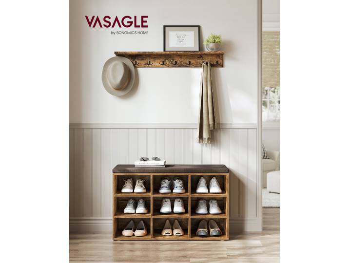 VASAGLE Banc à Chaussures, Organiseur de Chaussures avec 9 Compartiments, Siège Rembourré, pour Entrée, Couloir, Placard
