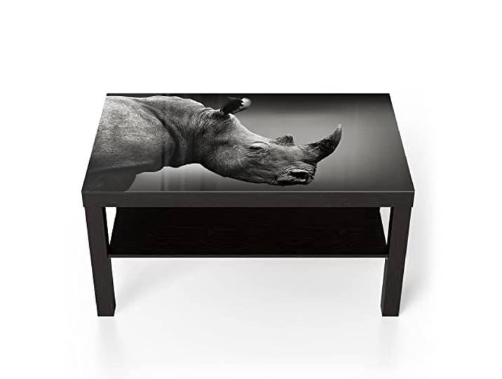 DEQORI Glastisch schwarz groß 90x50 cm Motiv Nashorn im Profil ausgefallener Beistelltisch aus Glas Hochglanz Couchtisch fürs Wohnzimmer moderner Couch Tisch mit Design