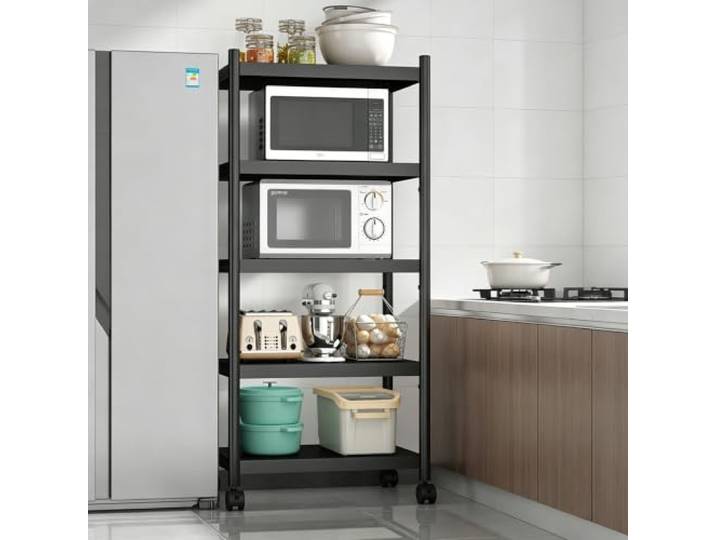 LJWFZBD 5-Etagen Küchenregal aus Metall, Standregal & Verstellbaren Ebenen Robuster Karbonstahl, 360° Feststellbare Rollen, Platzsparendes Design(5Tier-37*40*161cm)