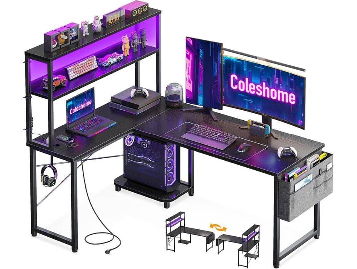 Eckschreibtisch L-förmiger Computertisch LED Steckdosen