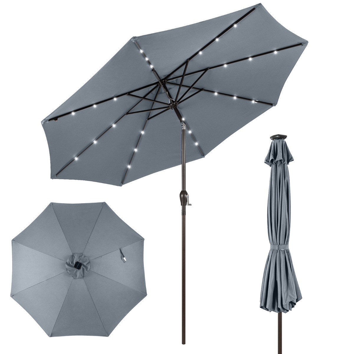 3M Patio Parasol met 24 LED-verlichting op Zonne-Energie en UV-Bescherming - Lichtgrijs