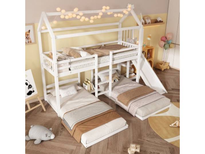 Lit superposé avec rangement Lit pour enfant avec structure stable toboggan et toit unique conception triple
