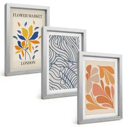 BILDER SET 3er Set - 20x30 cm Silberner Rahmen - Moderne abstrakte Blumen