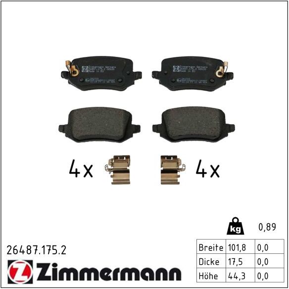Zimmermann Bremsbelagsatz, Scheibenbremse 26487.175.2 Hinterachse Für Hyundai
