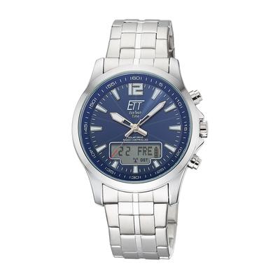 Funkchronograph ETT "Professional World Timer", silber (silberfarben, blau, blau), Armbanduhren, Herren, silberfarben, Armbanduhr, Solar, Herrenuhr, Edelstahlarmband, analog, digital, Tag