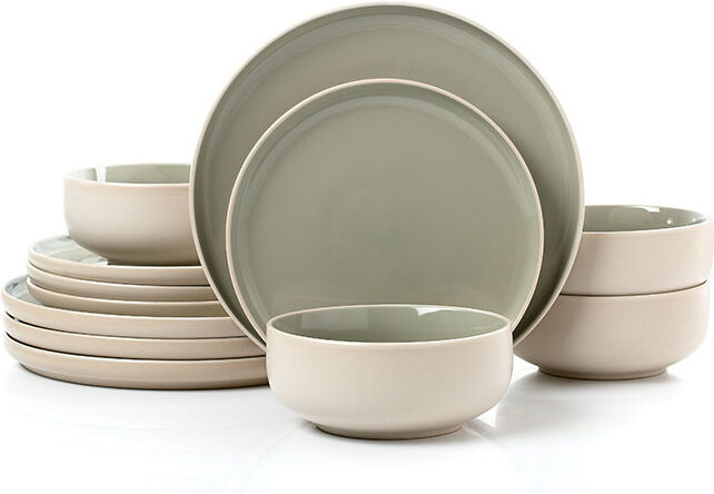 Waterside 12pc 2 Tone Matt & Shiny Stoneware Dinner Set Cream/Green 12