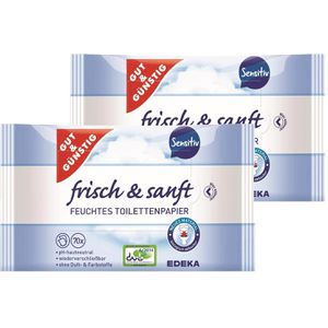 Gut&Günstig Feuchtes-Toilettenpapier frisch & sanft, Sensitiv, ohne Duft-& Farbstoffe, pH-hautneutral, Duo Pack, 2x 70 Tücher, 2 Stück