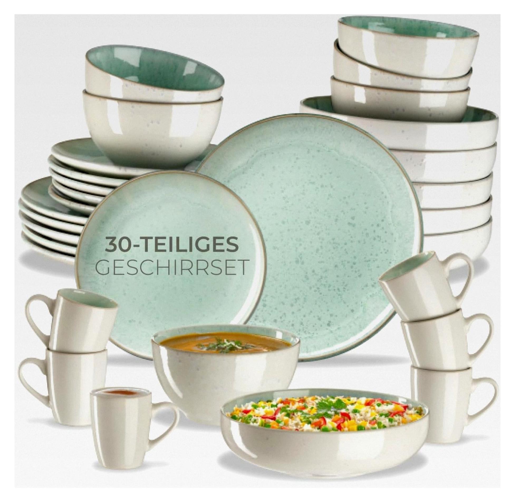 30-teiliges Kombiservice für 6 Personen, Steingut Geschirrset, handgefertigtes Teller-Set mit Schüsseln und Tassen, spülmaschinen- und mikrowellengeeignet - Mid Sea