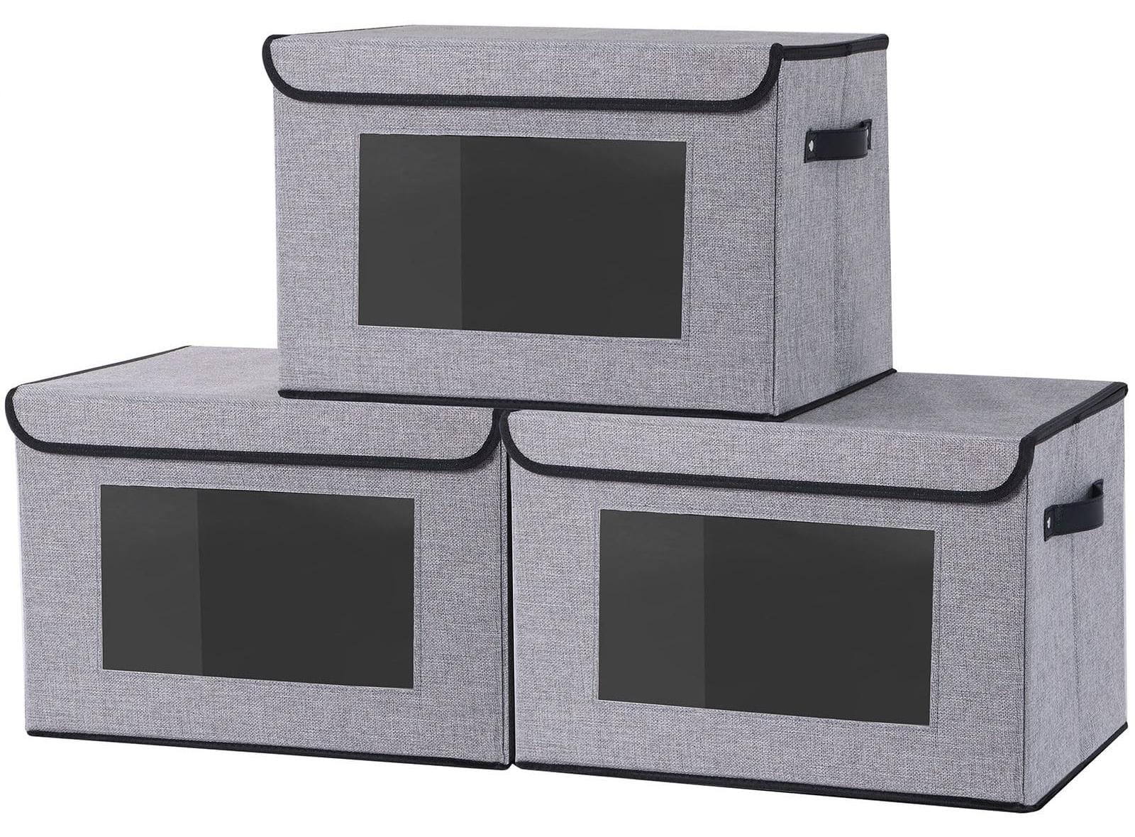 Merkloze Set van 3 Vouwbare Opbergdozen met Deksel en Handvatten, Textiel, Solid
