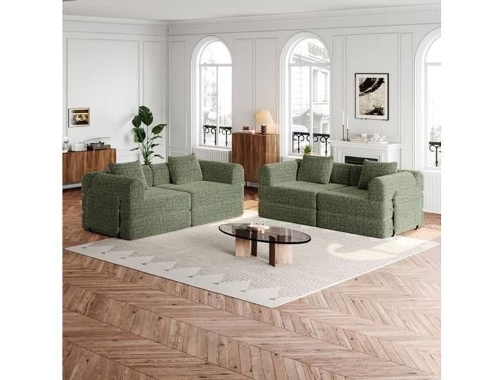 ROVRYN Canapé-lit convertible 2-en-1 4 places modulable en chenille verte avec rangement accoudoir