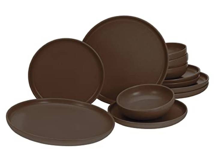 creaTable, Uno Braun, 12-teiliges Teller Set aus Steinzeug