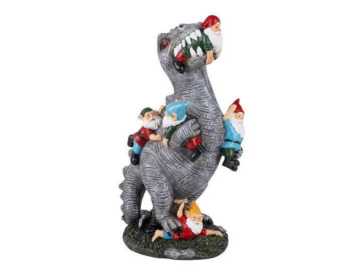 Relaxdays Gartenfigur Bunt T-Rex mit 5 Zwergen, Mehrfarbig, Kunststoff, 15.5x28.5x9 cm, Dekoration, Dekofiguren & Skulpturen, Skulpturen