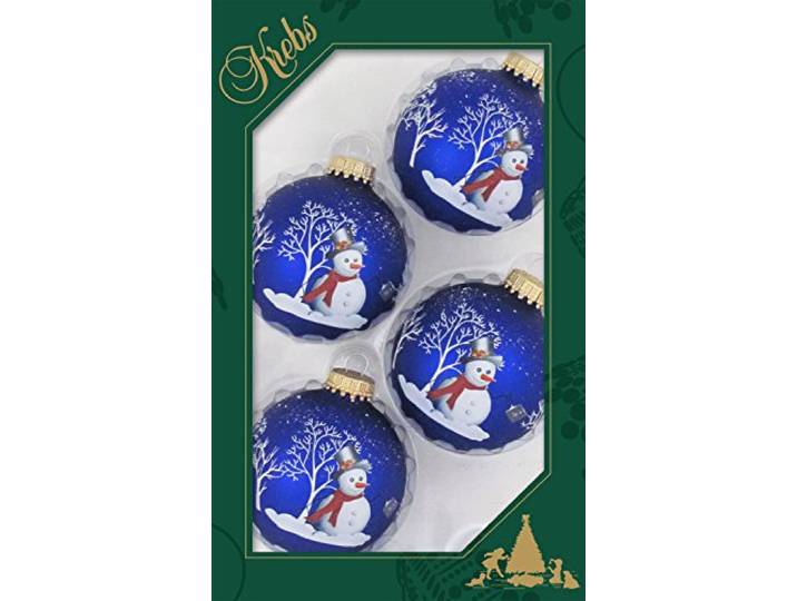 Krebs Glas Lauscha - 4 blaue Christbaumkugeln mit Schneemanndekoration - 7 cm - 4 Stück