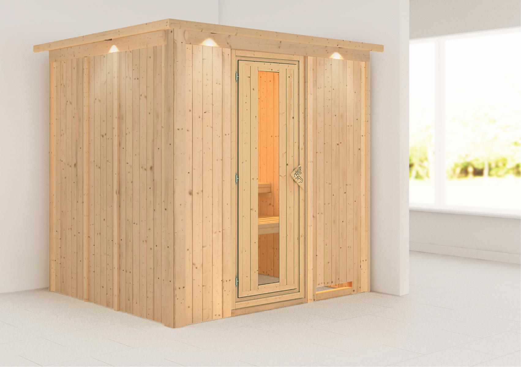 KARIBUHOLZT Sauna Daria Front o. Zub. m.Isoliertür u.Dachkranz 16880046
