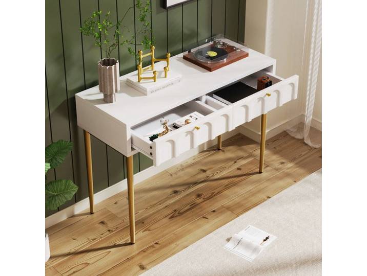 Coiffeuse avec 2 Tiroirs 76.5x100x45 cm Commode pour Chambre a Coucher Buffet Haut Blanc Buffet Commode a Tiroirs Blanc Crème