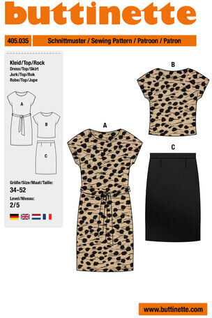 buttinette Schnitt "Kurzarm-Kleid & -Bluse mit Rock" für Damen