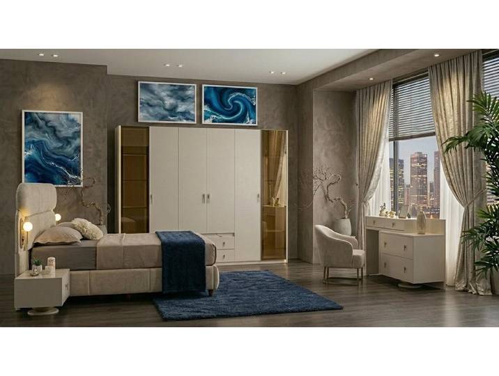 Xlmoebel Schlafzimmer-Set Design Schlafzimmer Set Weiß Holz Metall Schrank Bett Nachtkonsole, (4-tlg., 4-tlg)
