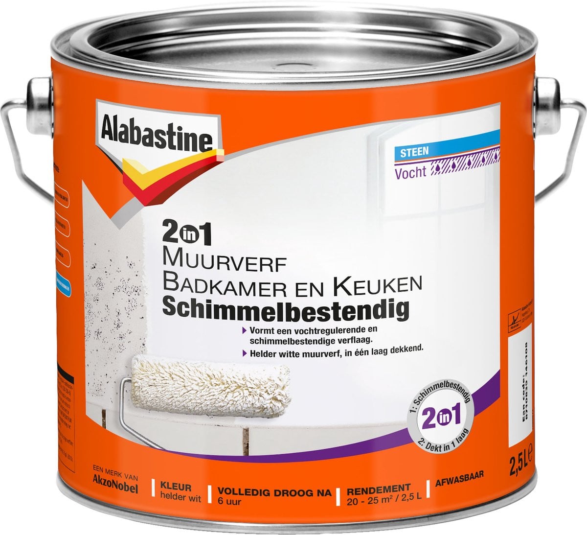 Alabastine 2 In 1 Badkamer en Keuken Muurverf - Wit - 2,5 liter