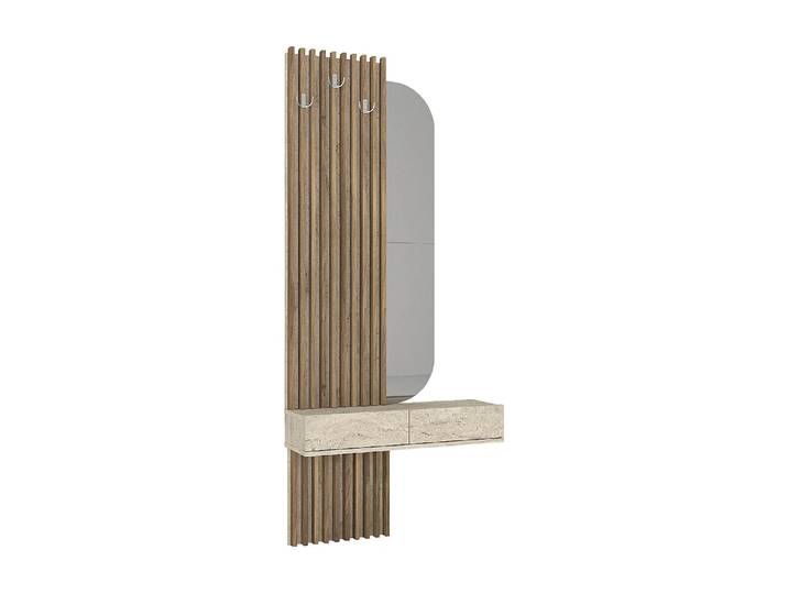 Console suspendue avec miroir, 2 portes et 3 patères - Effet travertin beige et naturel foncé - MERYDA