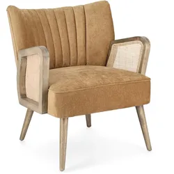 Sessel Virna aus Stoff, moderner skandinavischer Stil mit Rattan-Details, senfgelb, gepolstert
