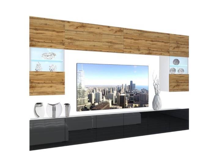Unité Murale TV - BELINI - NEX 1-0-W-DWB-0-0-PP - Chêne Wotan - Noir Brillant - LED Inclus
