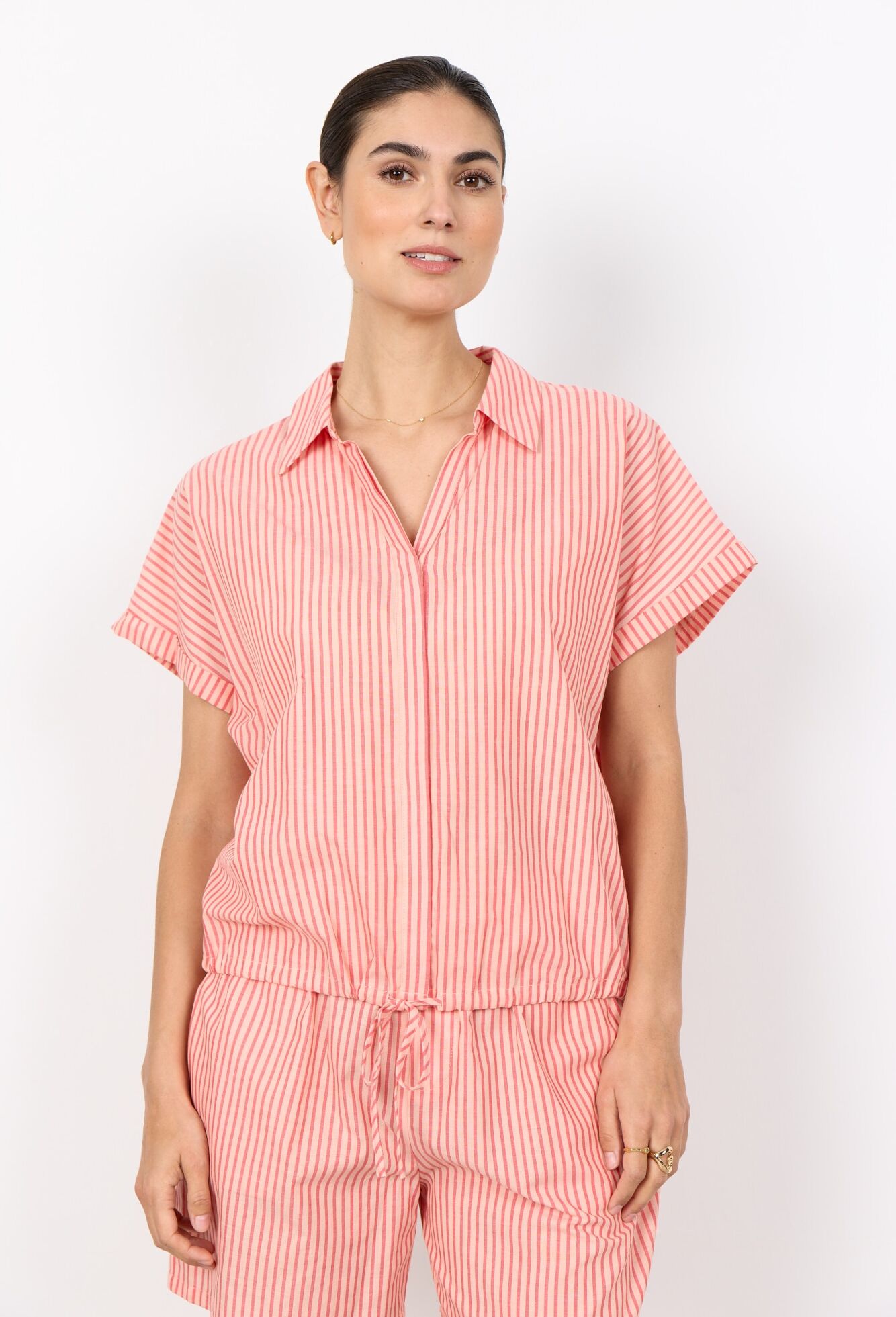 Kurzarmbluse SOYACONCEPT "SC-FELICE 2", Damen, Gr. S, rosa (bittersweet combi), Web, Obermaterial: 100% Baumwolle, gestreift, normal, V-Ausschnitt, Blusen Kurzarmbluse, Baumwolle bittersweet combi S