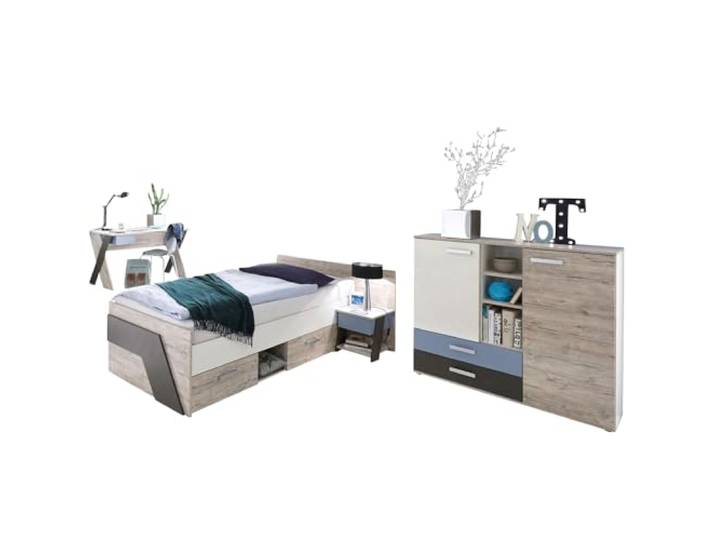 Lomadox Jugendzimmer Kinderzimmer Set, Sandeiche mit weiß, Lava blau, 90x200 Kojenbett, Schreibtisch, Nachttisch, Highboard