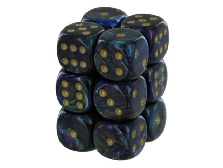 Chessex Dice: CHX27699 D6 16mm Lustrous: Shadow/Gold (12)