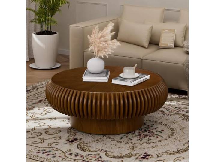 80Cm Trommel-Couchtisch, Moderner, Einzigartiger, 31.5 Round Walnut Geriffelter Teetisch, Zeitgenössischer Runder Couchtisch Aus Holz Mit Geriffelter Tischplatte Für Das Wohnzimmer, Walnuss