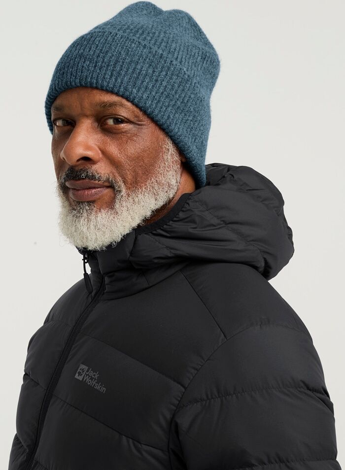 Beanie JACK WOLFSKIN "FUZZY BEANIE", Damen, Gr. M, blau (aluminiumblau), Materialmix, Mützen Beanie, Strickmütze, superweich, urbaner Look